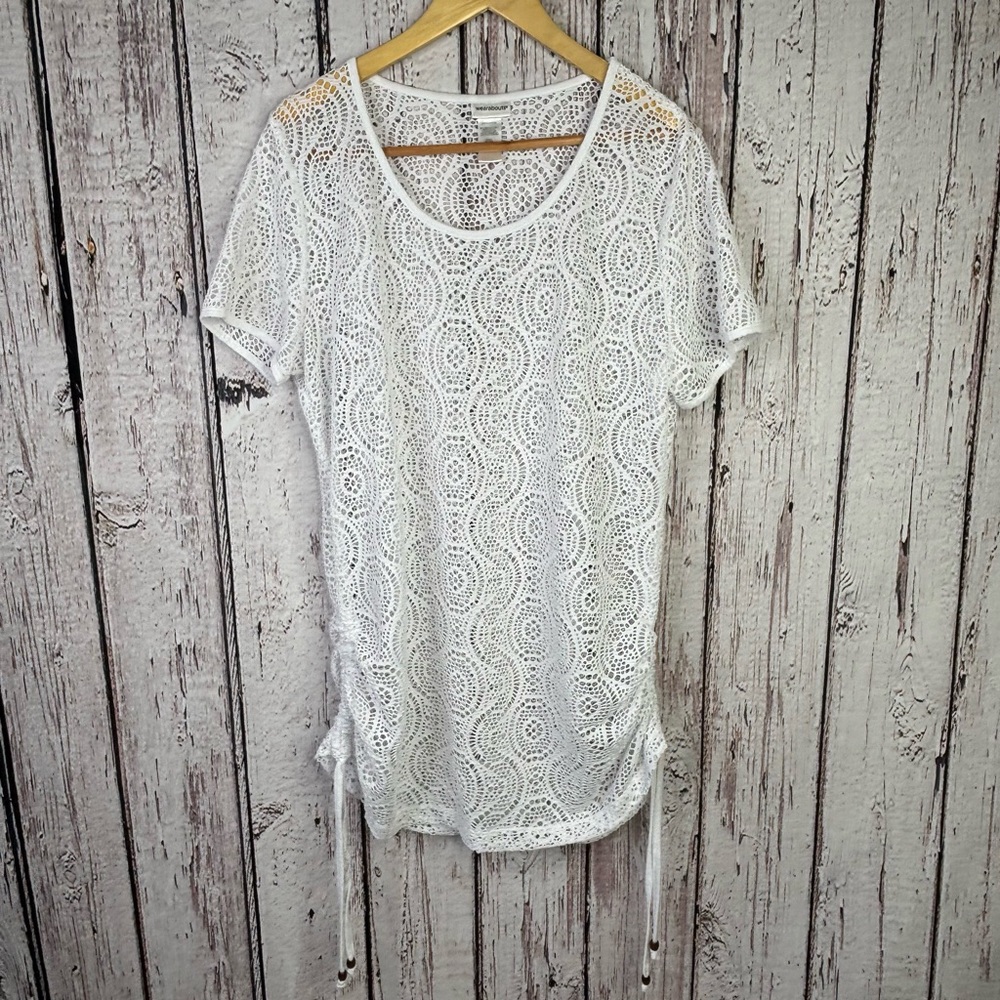 Wearabouts White Lacy Sheer Swim Cover Up Ruched Side Hems Ties Women’s XL Pool